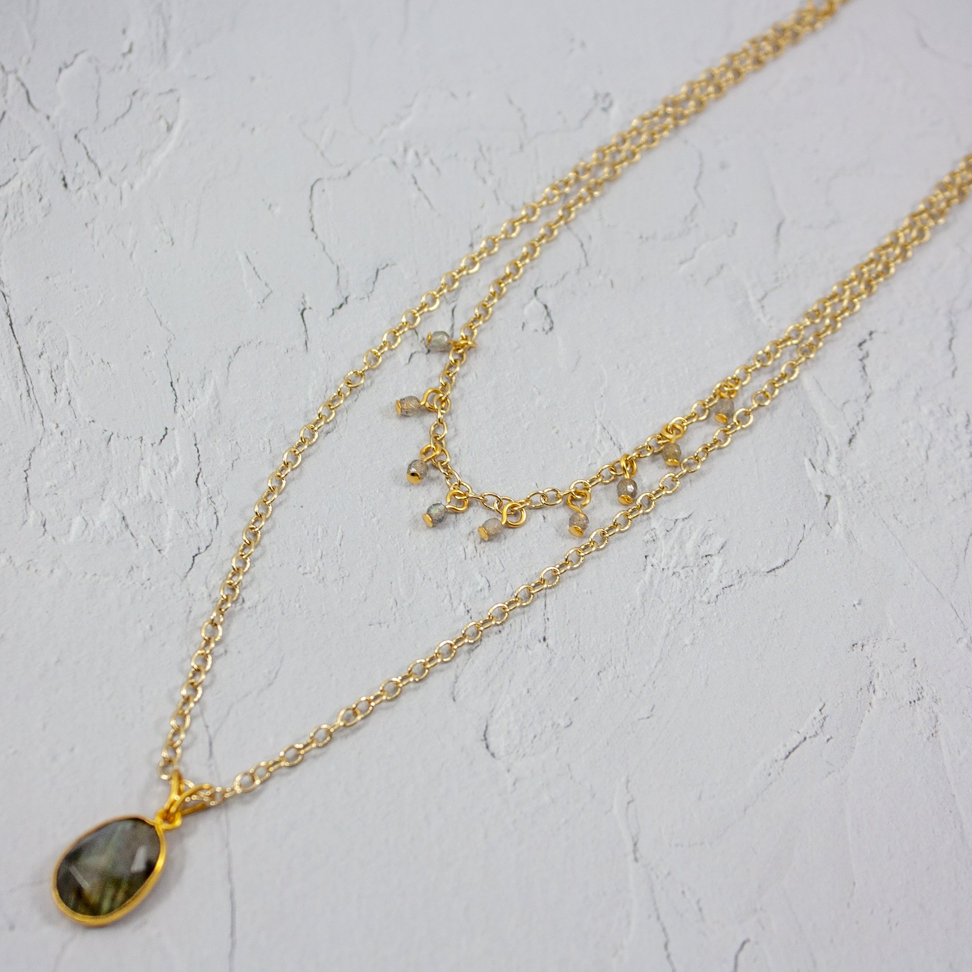 Labradorite Layered Pendant and Beads Necklace featuring stunning labradorescence and gold-plated accents, elegantly displayed on a soft background.