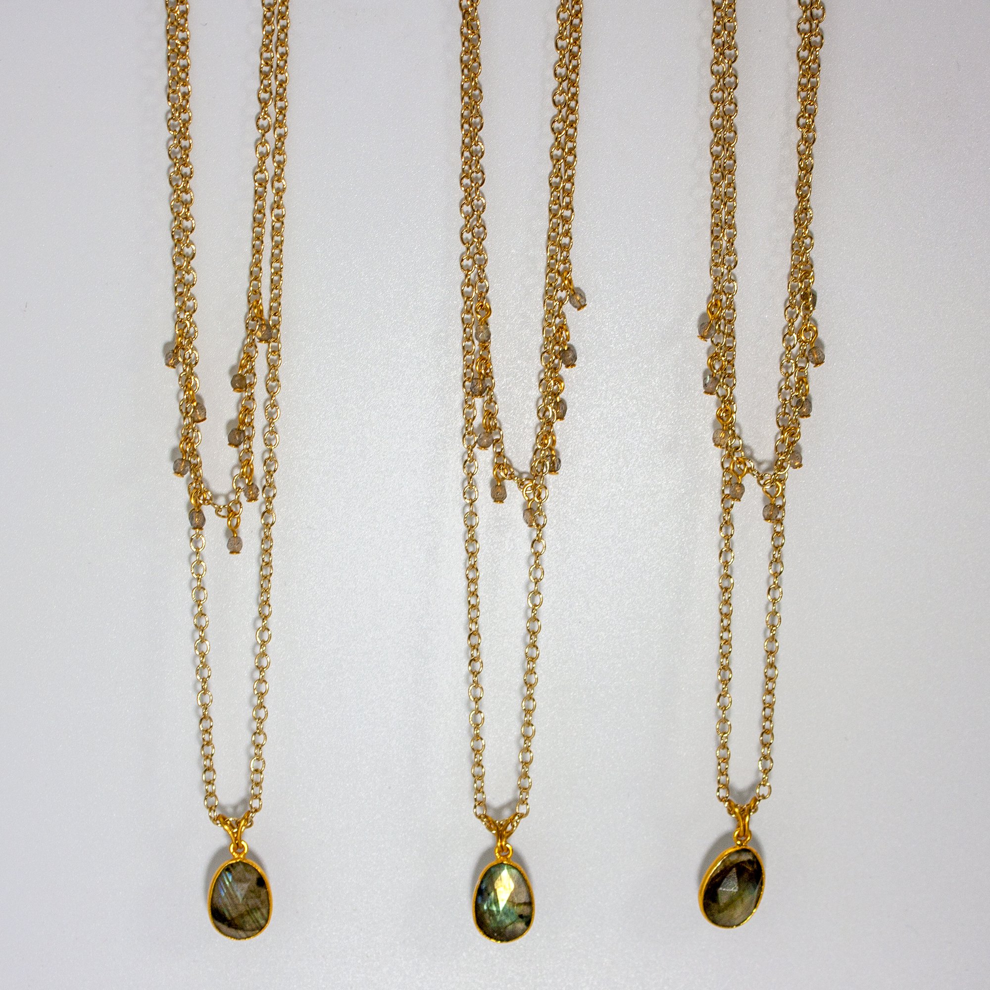 Labradorite Layered Pendant and Beads Necklace featuring stunning labradorescence and gold-plated accents, elegantly displayed on a soft background.