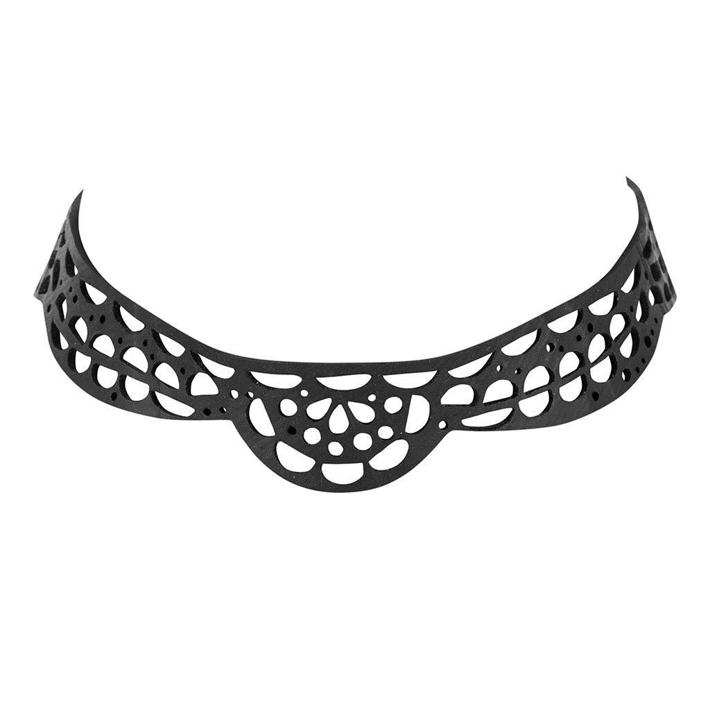 Lace Vegan Inner Tube Choker made from recycled rubber, featuring intricate lace-like patterns and adjustable button clasps.