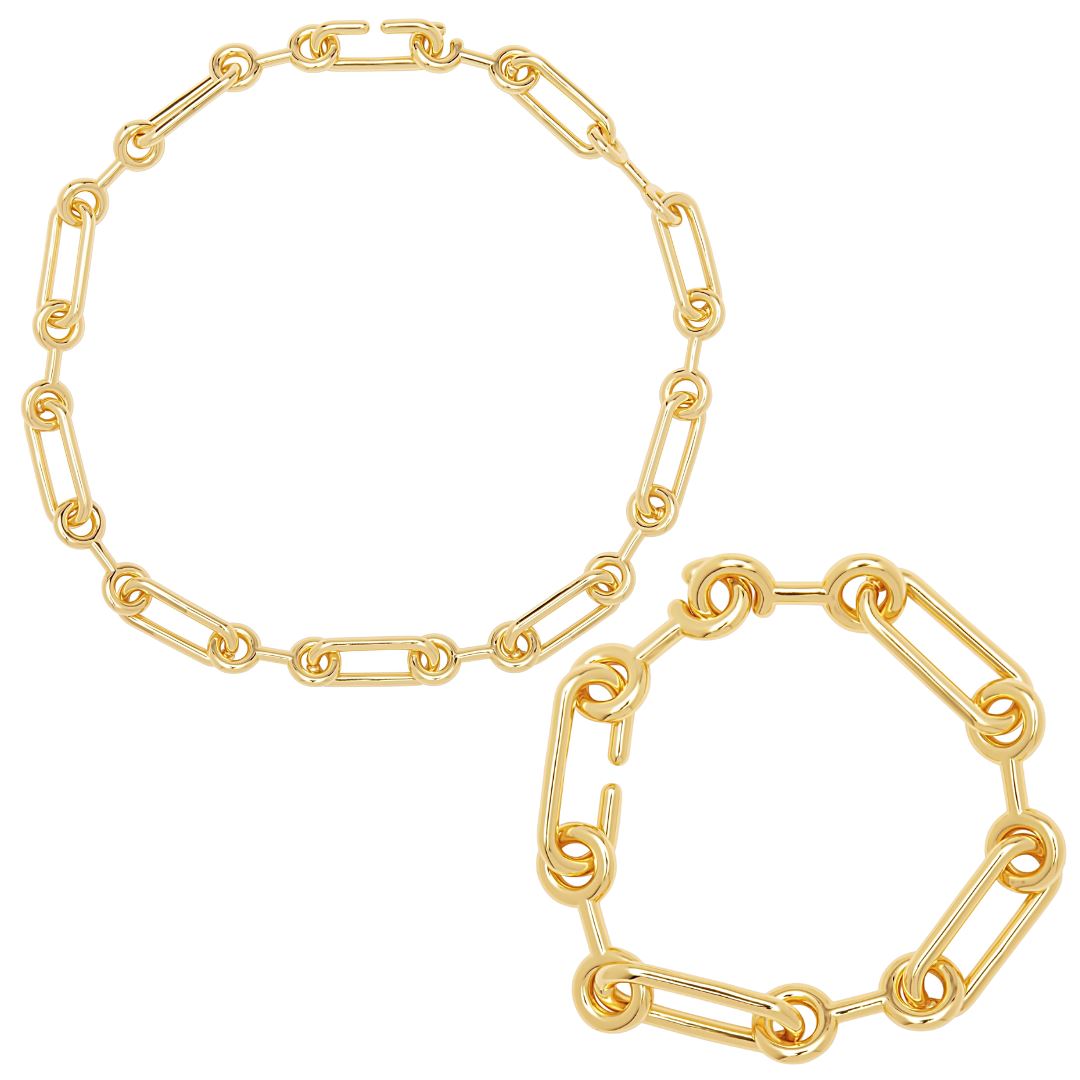 Lacey Chain Set featuring an 18k gold plated necklace and matching bracelet, elegantly displayed.