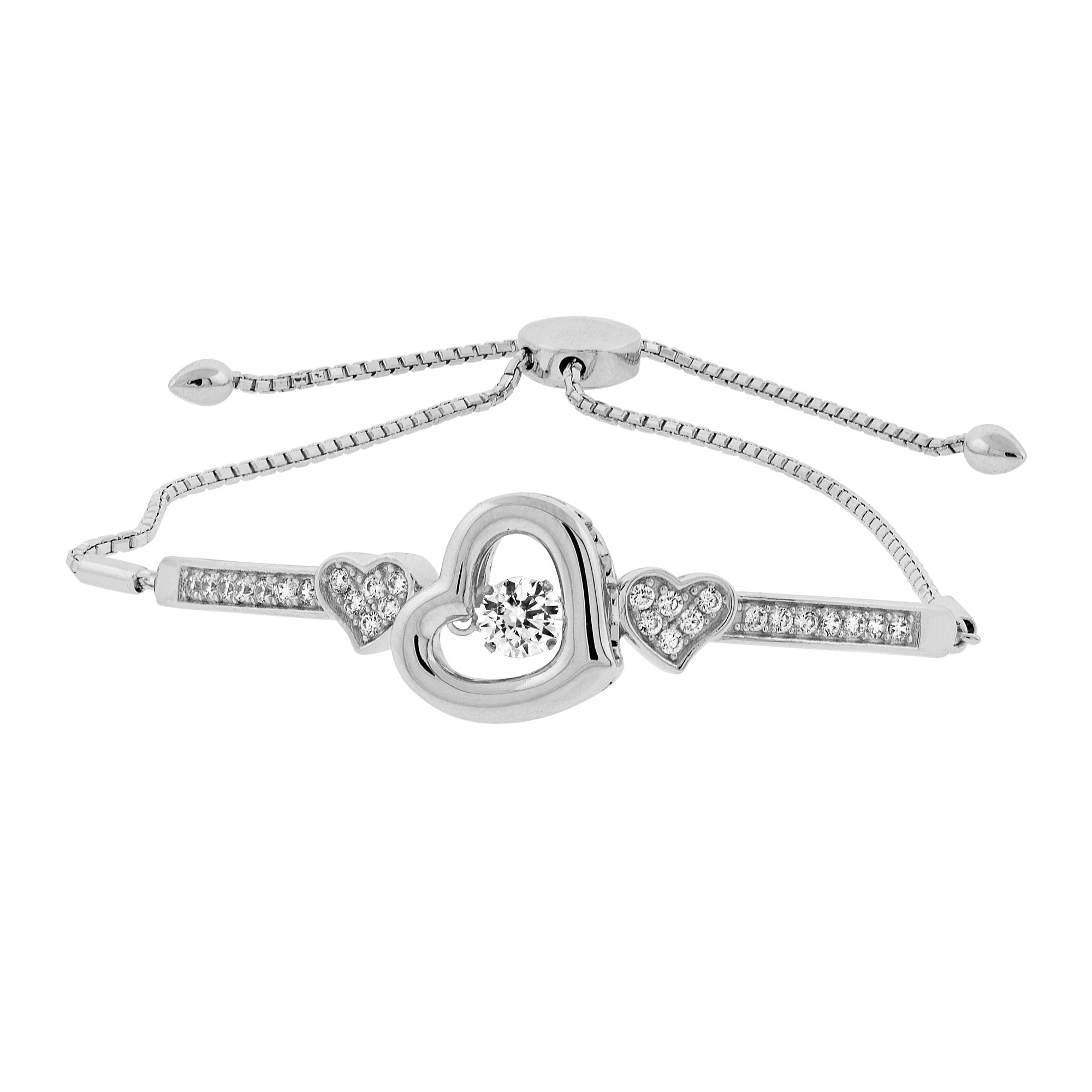 Lachouette 3 heart bracelet made of 925 sterling silver with white gold finish and white sapphire stones, showcasing a delicate and elegant design.