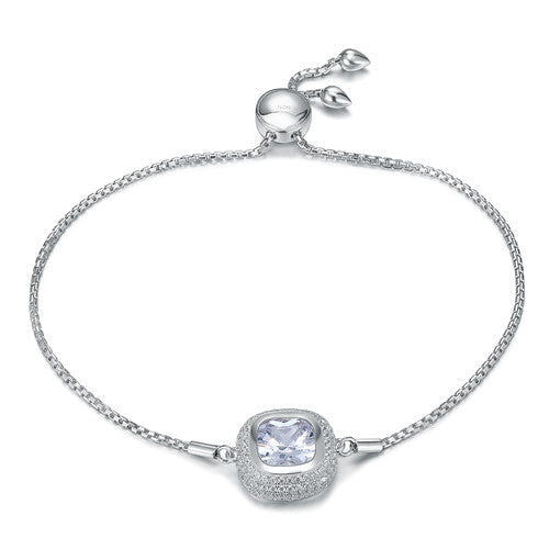 Lachouette adjustable bolo bracelet made of 925 sterling silver with white gold surface and white sapphire stone, showcasing elegance and durability.