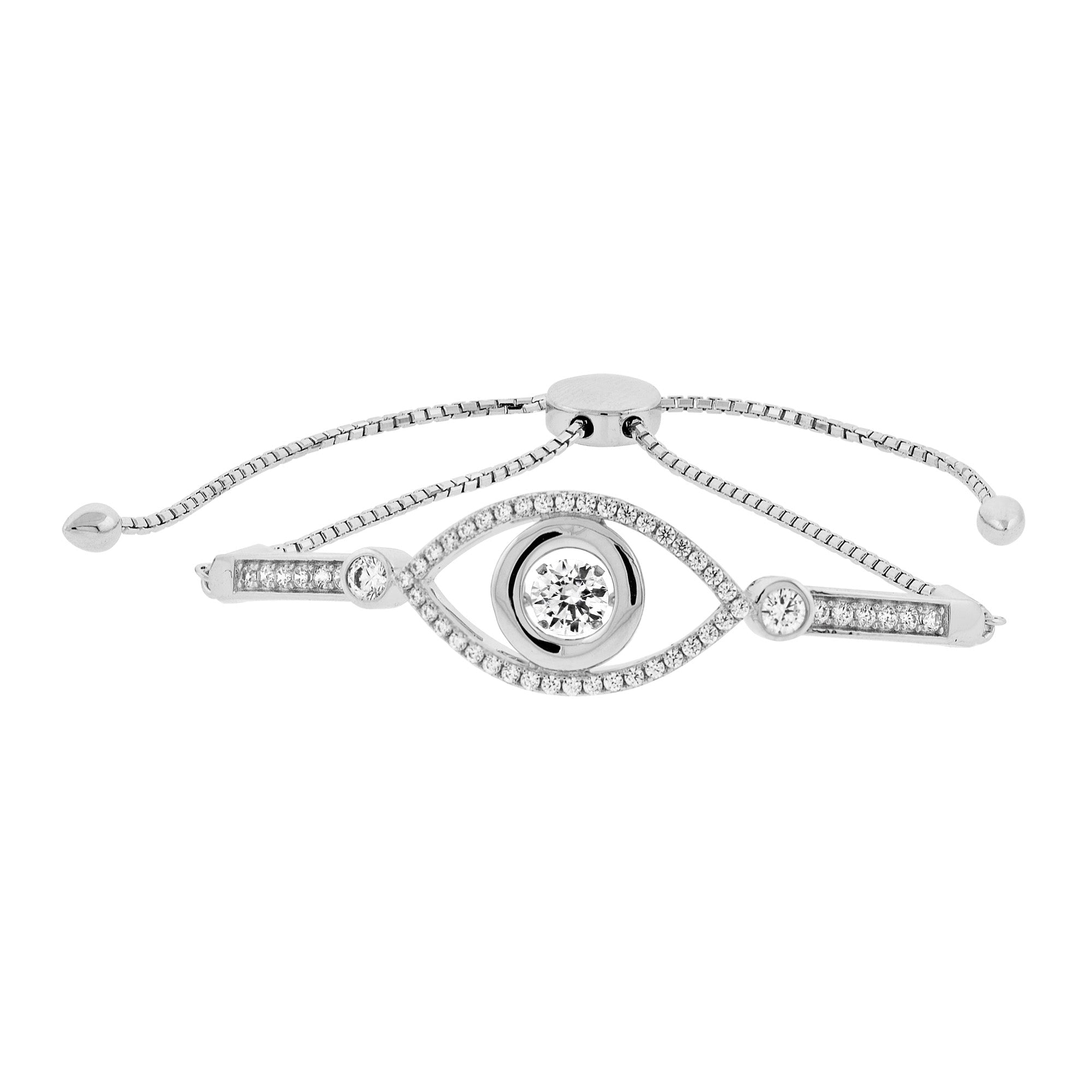 Lachouette evil eye bracelet made of 925 sterling silver with white gold finish and white sapphire stone.