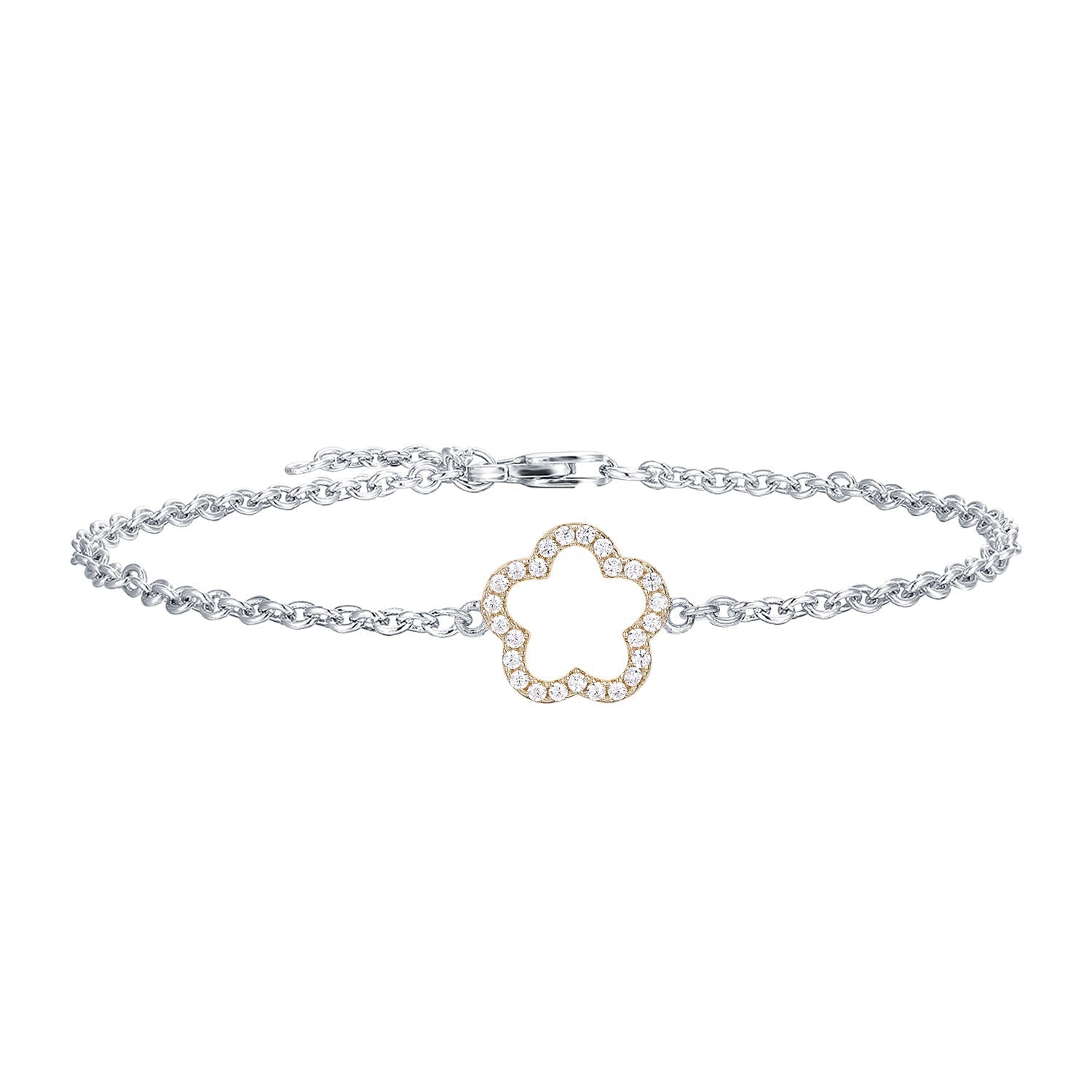 Lachouette floral bracelet made of 925 sterling silver with white gold finish and white sapphire stones, showcasing an elegant floral design.