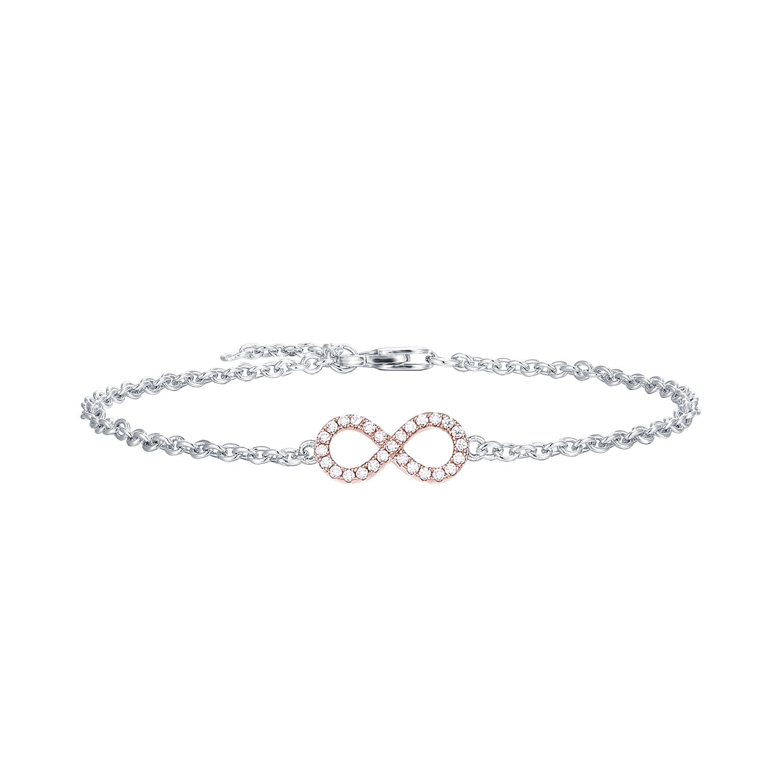 Lachouette infinity bracelet made of 925 sterling silver with white gold finish and white sapphire stone, showcasing its elegant design.