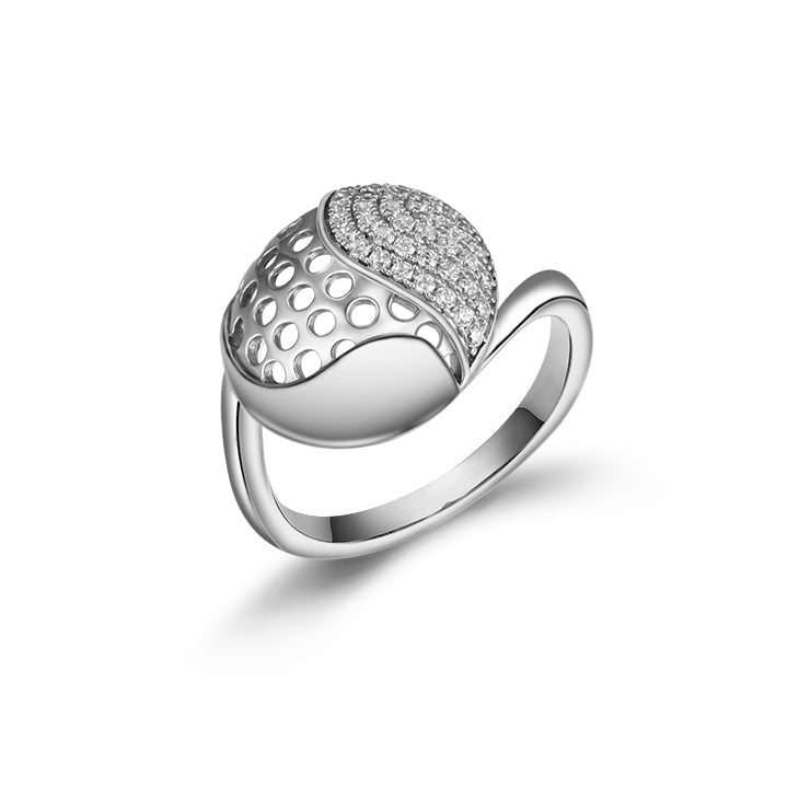 Lachouette unique charming sterling silver ring with white sapphire and real white gold finish, showcasing its elegant design.