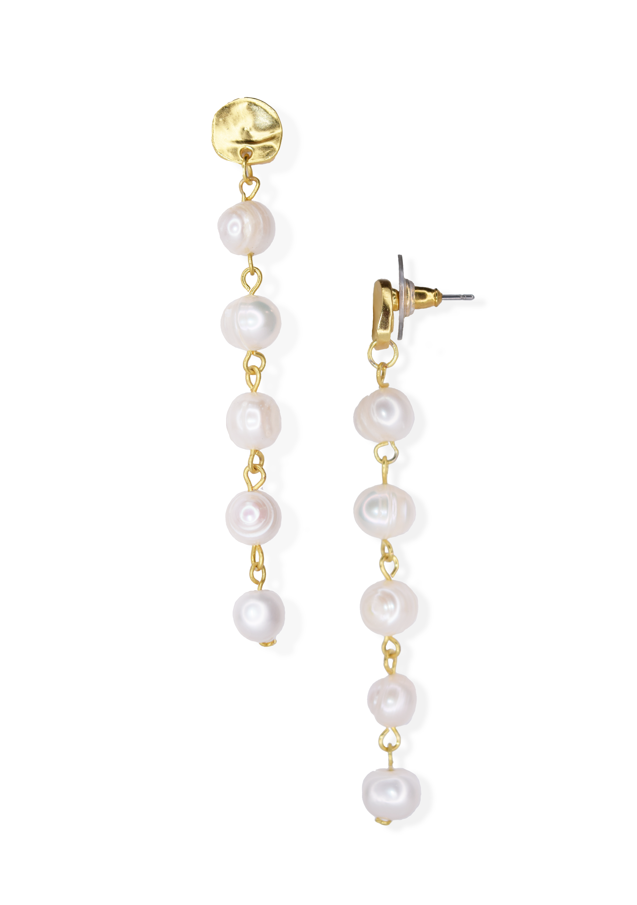 Lady Pearl Earrings featuring creamy white freshwater pearls and textured coin stud in gold, silver, or rose gold plating.