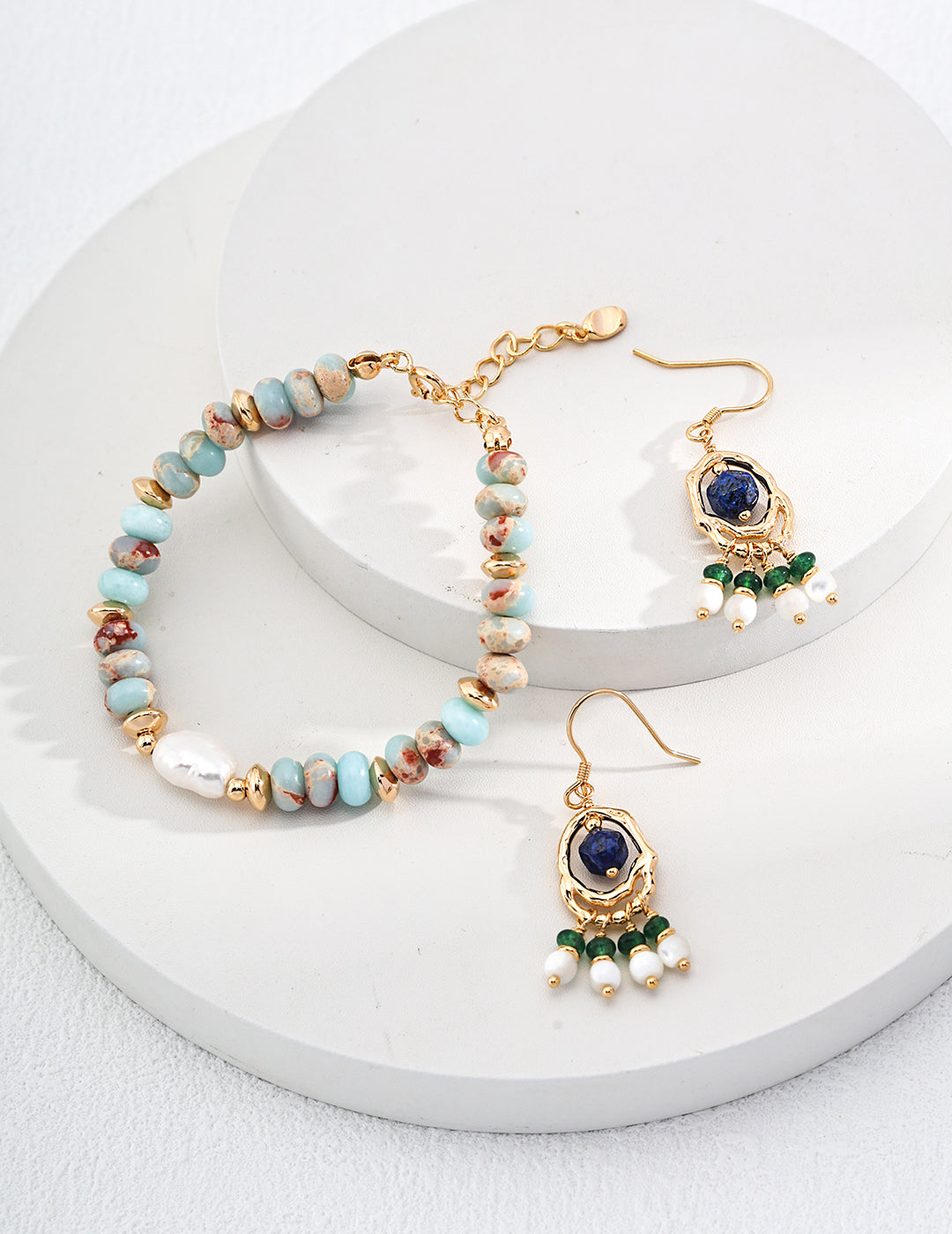 Lake Serenity Lardetite and Pearl Bracelet featuring blue stones and natural pearls on a vintage gold chain.