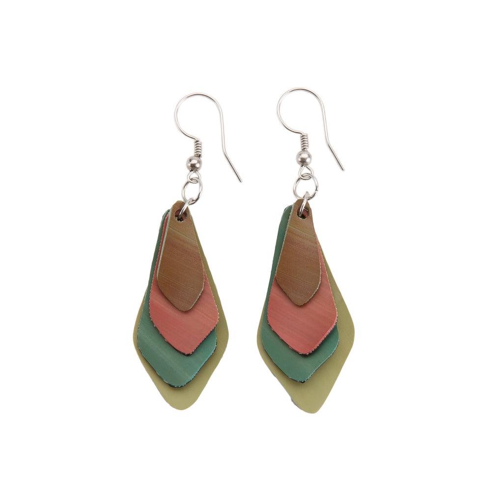 Colorful Lantern Eco Friendly Rubber Earrings in a multi-layered kite shape, handcrafted from recycled rubber with stainless steel hooks.