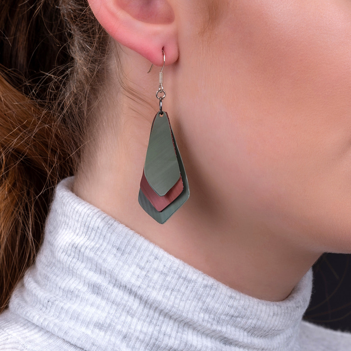 Colorful Lantern Eco Friendly Rubber Earrings in a multi-layered kite shape, handcrafted from recycled rubber with stainless steel hooks.