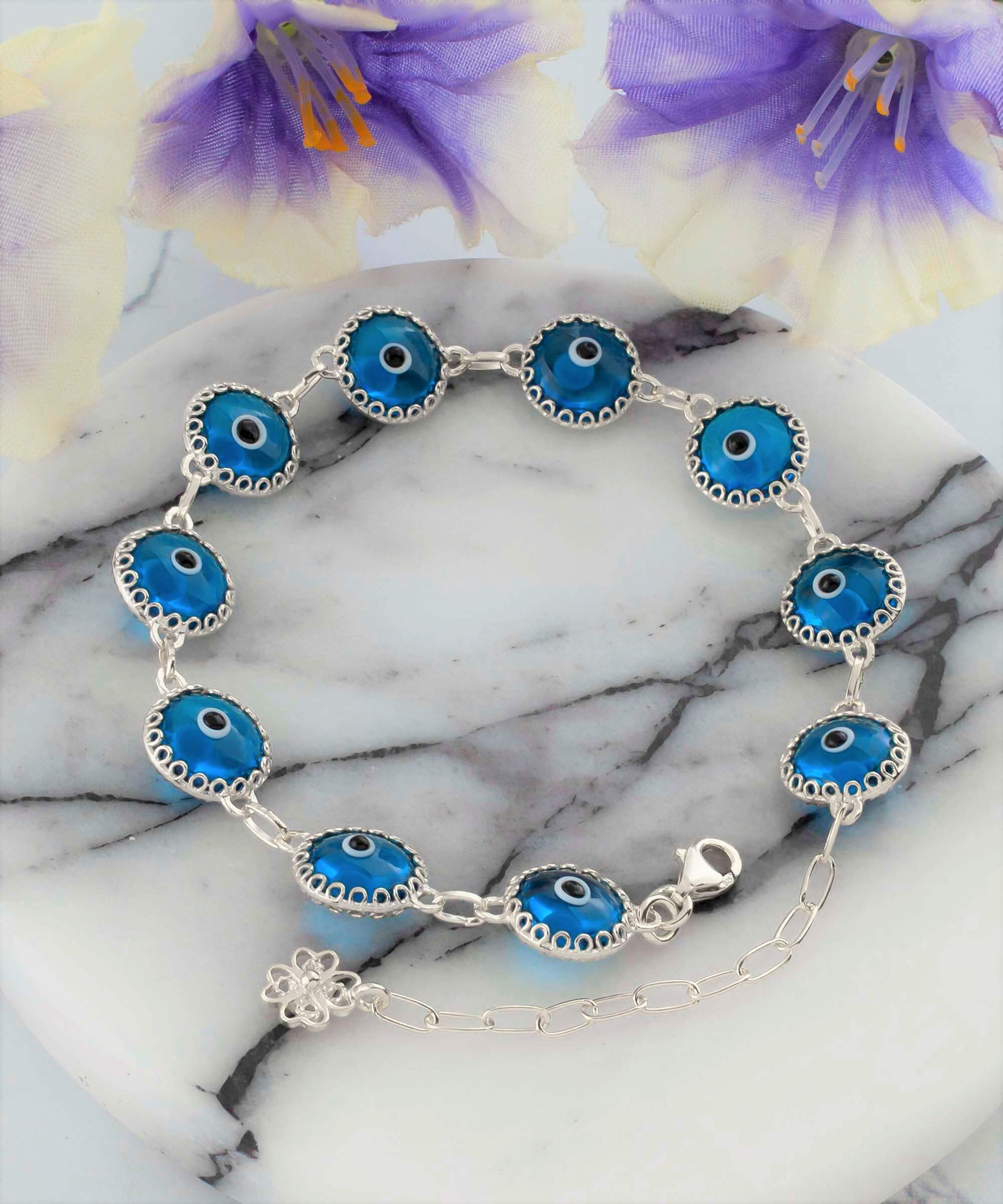 Lapis Blue Evil Eye Sterling Silver Adjustable Link Bracelet featuring a strong rolo chain and protective evil eye design.