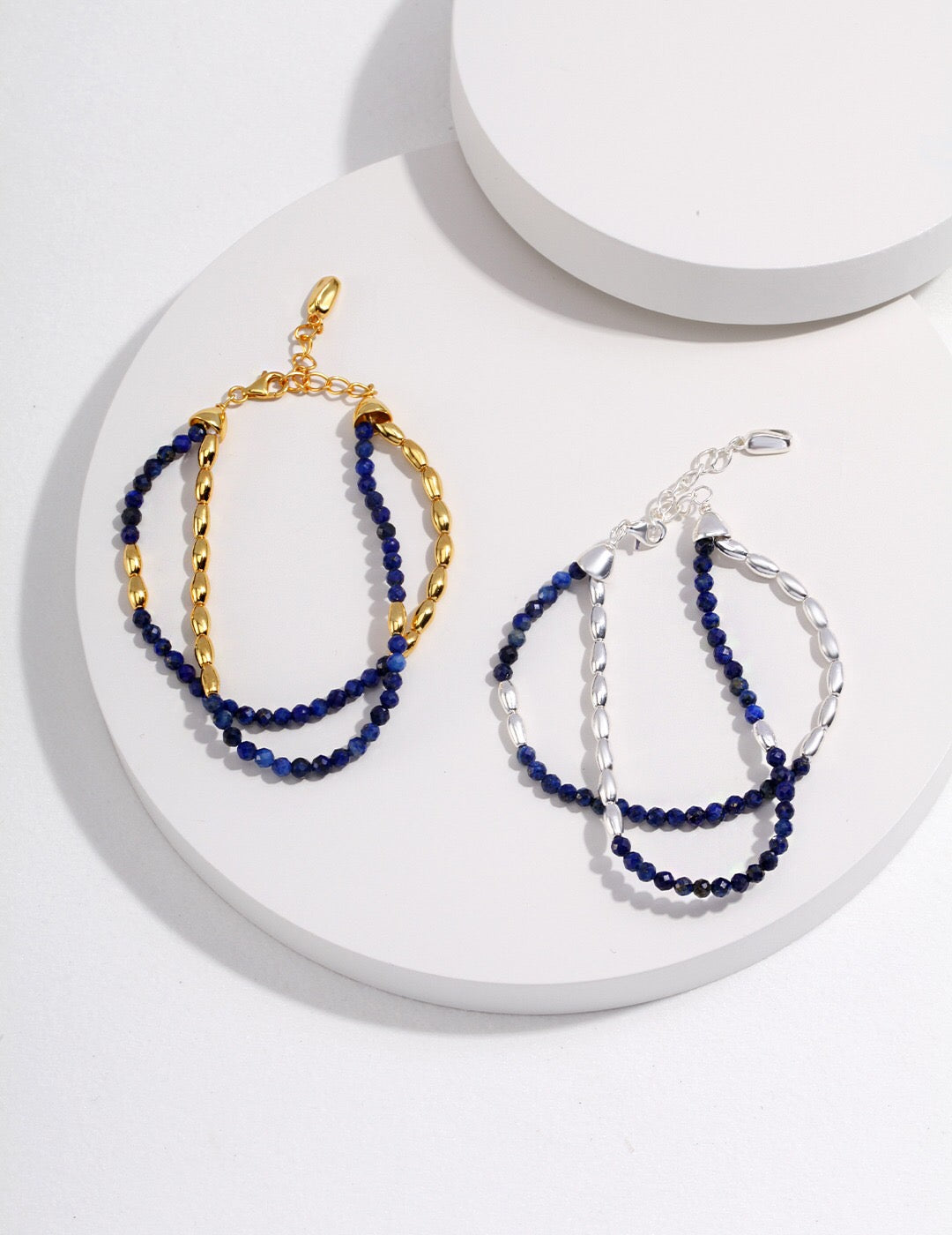 Handmade Lapis Lazuli Beaded Bracelet with gold vermeil accents, showcasing deep blue beads and elegant design.