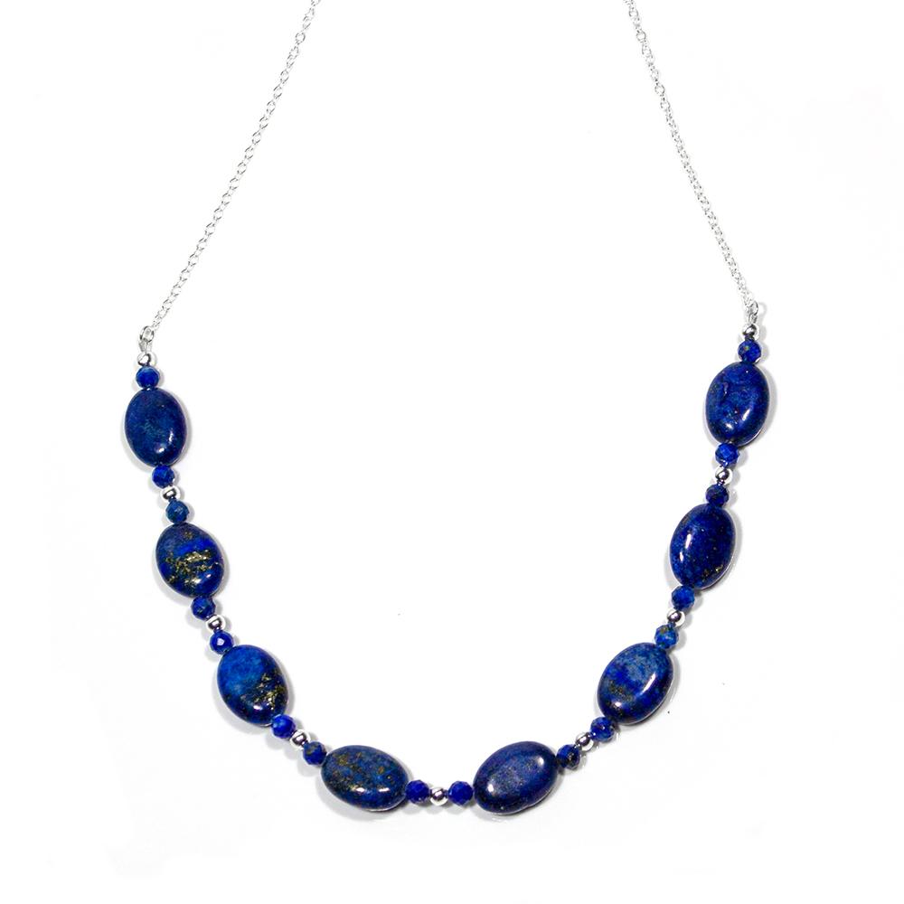 Lapis Lazuli U Sterling Silver Necklace showcasing deep blue gemstones with gold flecks, elegantly designed in a U-shape.