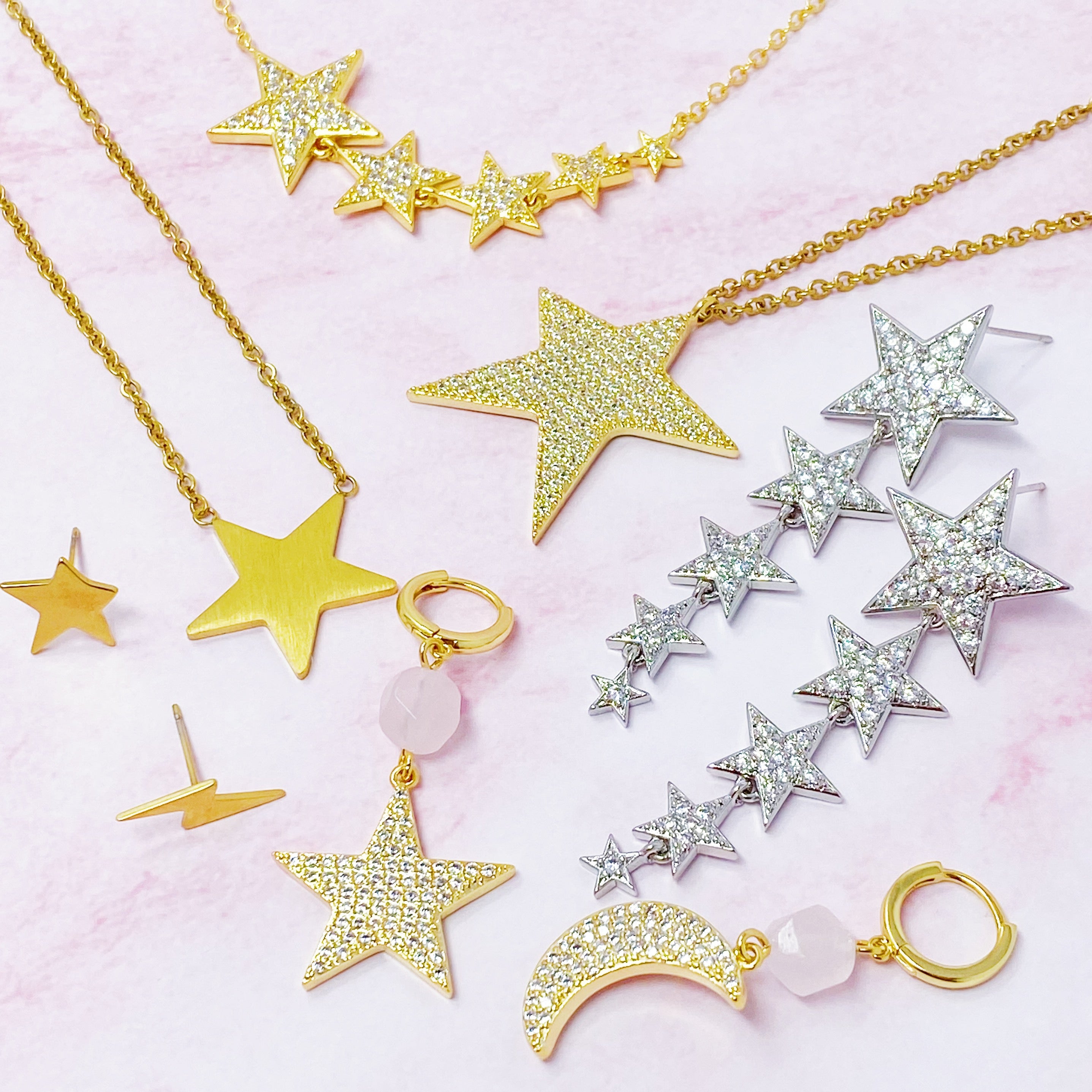 Lara Land Shiny Star Necklace featuring a star-shaped pendant adorned with cubic zirconia on a stainless steel chain.