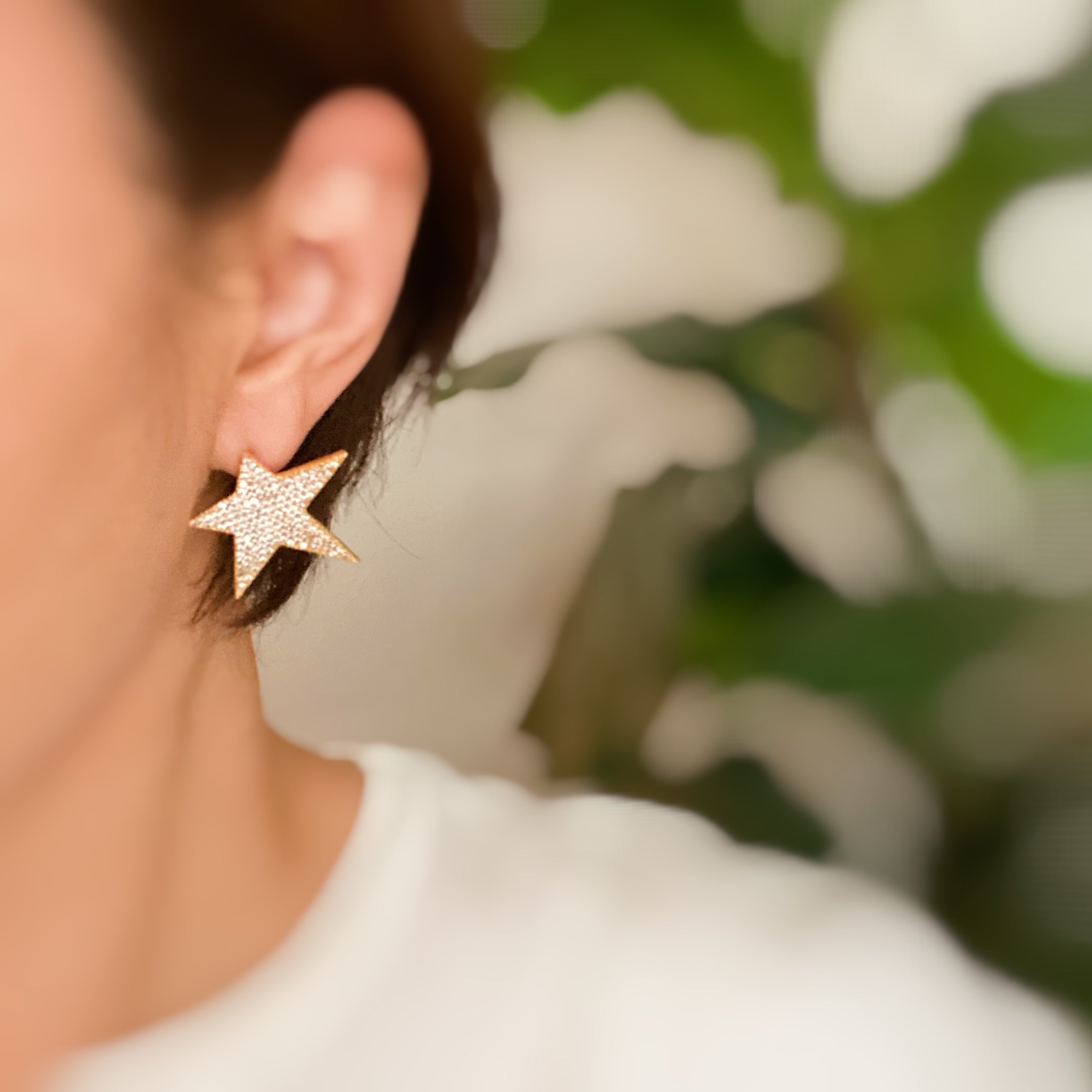 Lara Land Star Earrings featuring sparkling cubic zirconia in a classic star shape, elegantly displayed against a soft background.