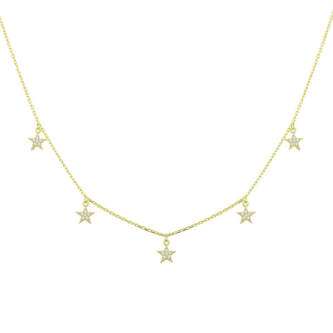 LARA Star Necklace featuring five shiny star charms with cubic zirconias, crafted in 925 Sterling Silver with yellow gold plating.