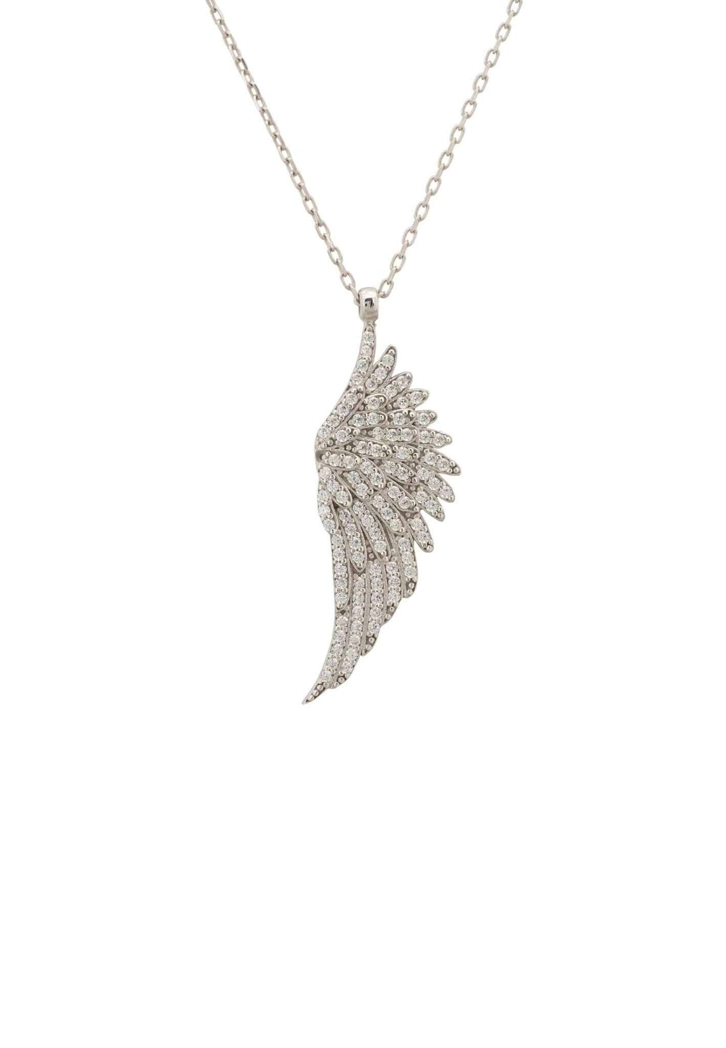 Large silver angel wing necklace with zircon embellishments, showcasing intricate feathered design.