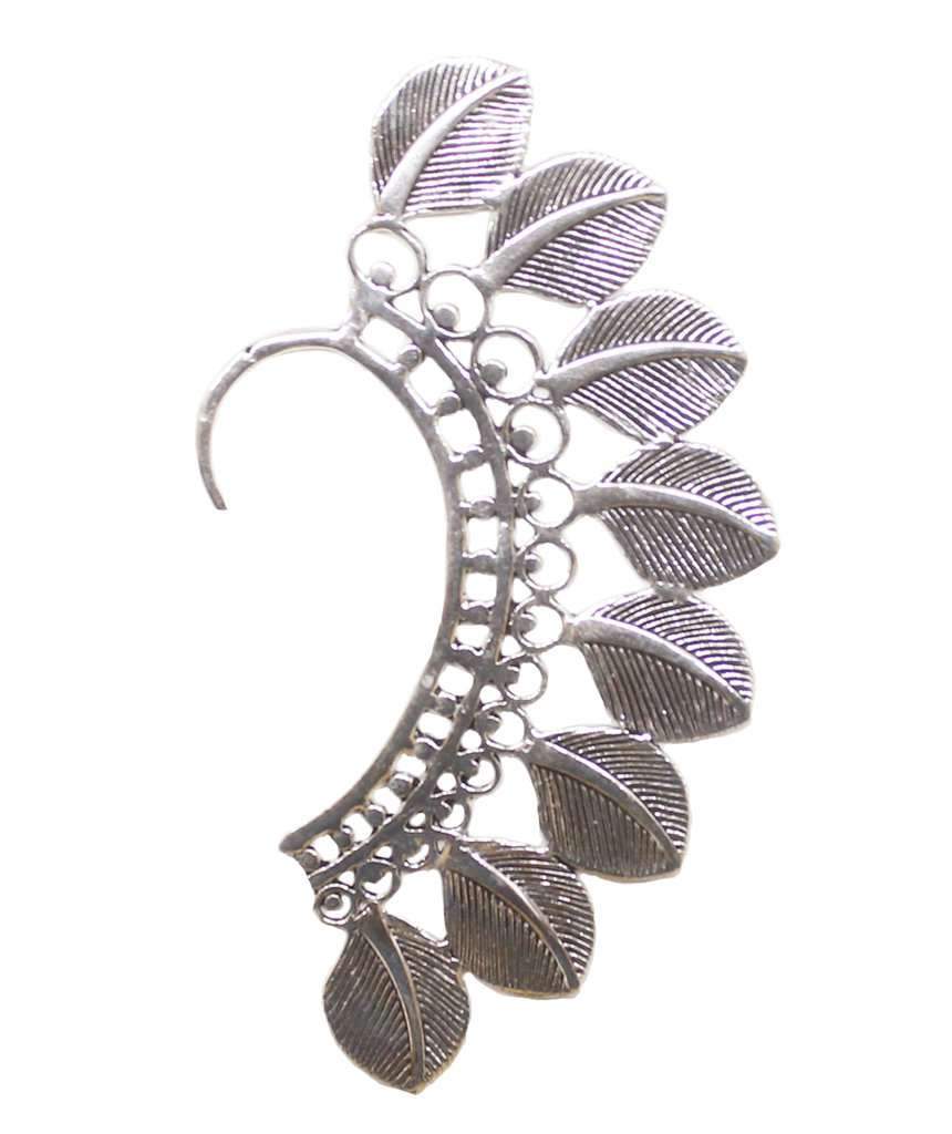 Large Boho Feathers Earcuff featuring intricate feather and leaf design, made from hypoallergenic brass and silver materials.