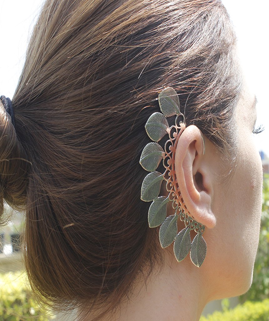 Large Boho Feathers Earcuff featuring intricate feather and leaf design, made from hypoallergenic brass and silver materials.