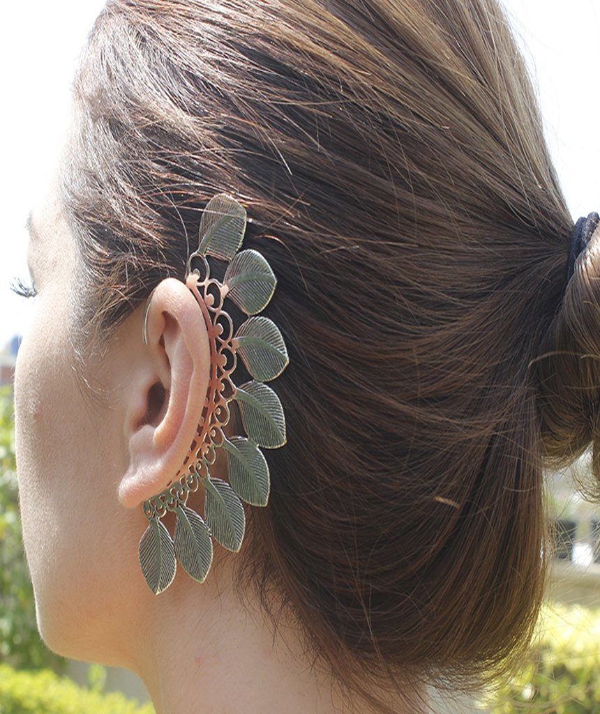 Large Boho Feathers Earcuff featuring intricate feather and leaf design, made from hypoallergenic brass and silver materials.