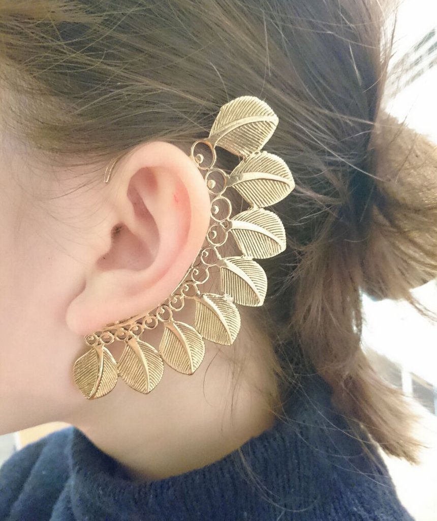 Large Boho Feathers Earcuff featuring intricate feather and leaf design, made from hypoallergenic brass and silver materials.