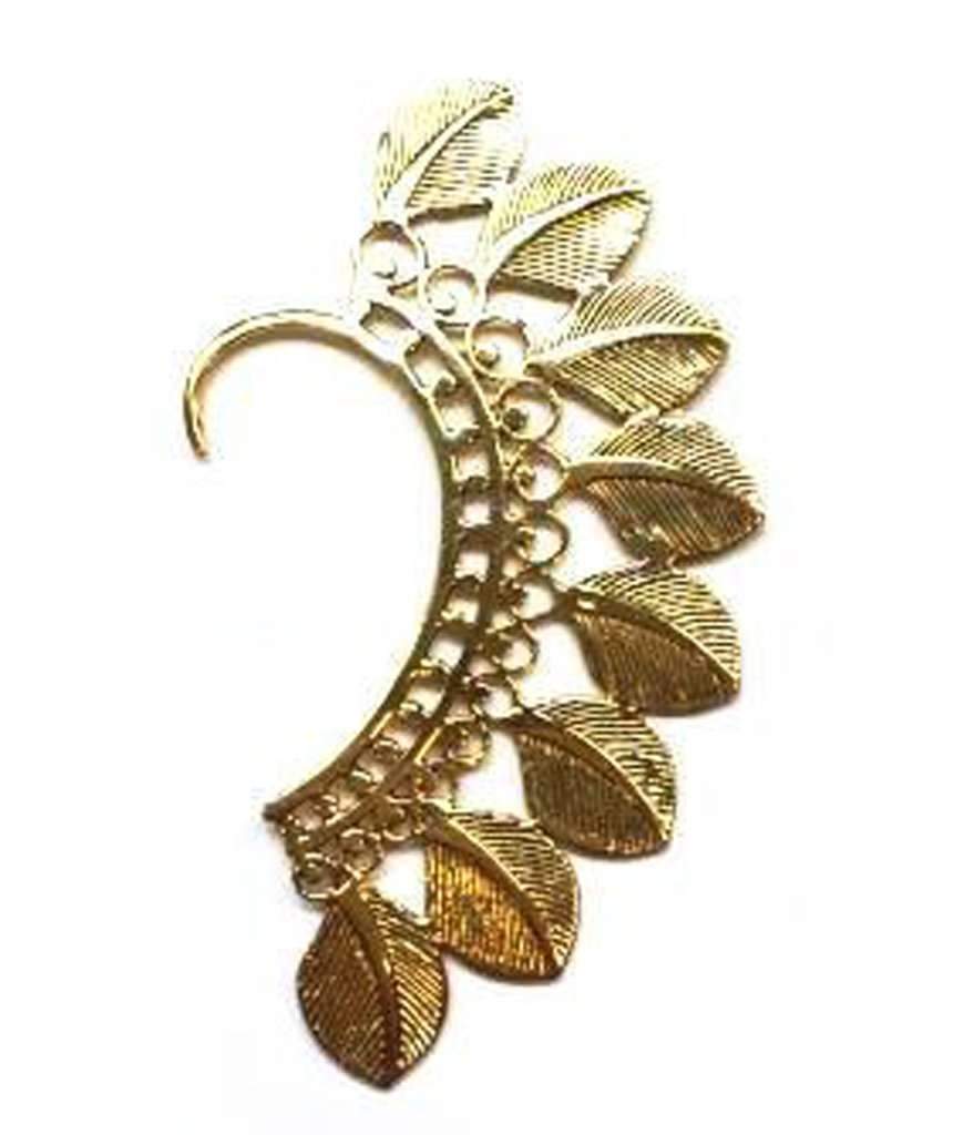 Large Boho Feathers Earcuff featuring intricate feather and leaf design, made from hypoallergenic brass and silver materials.