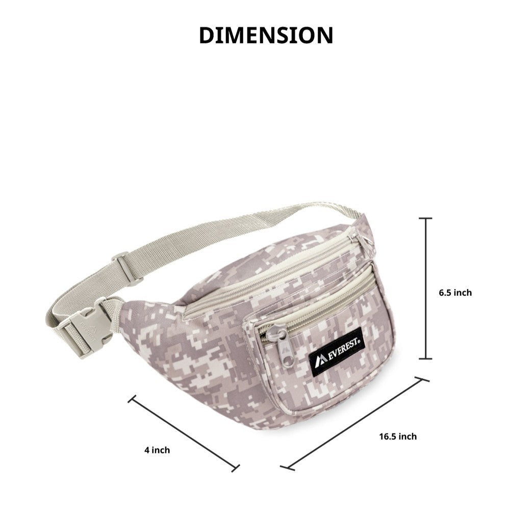 Large Digital Camo Waist Pack featuring three zippered compartments and a snap waist buckle, made from durable 600D polyester.