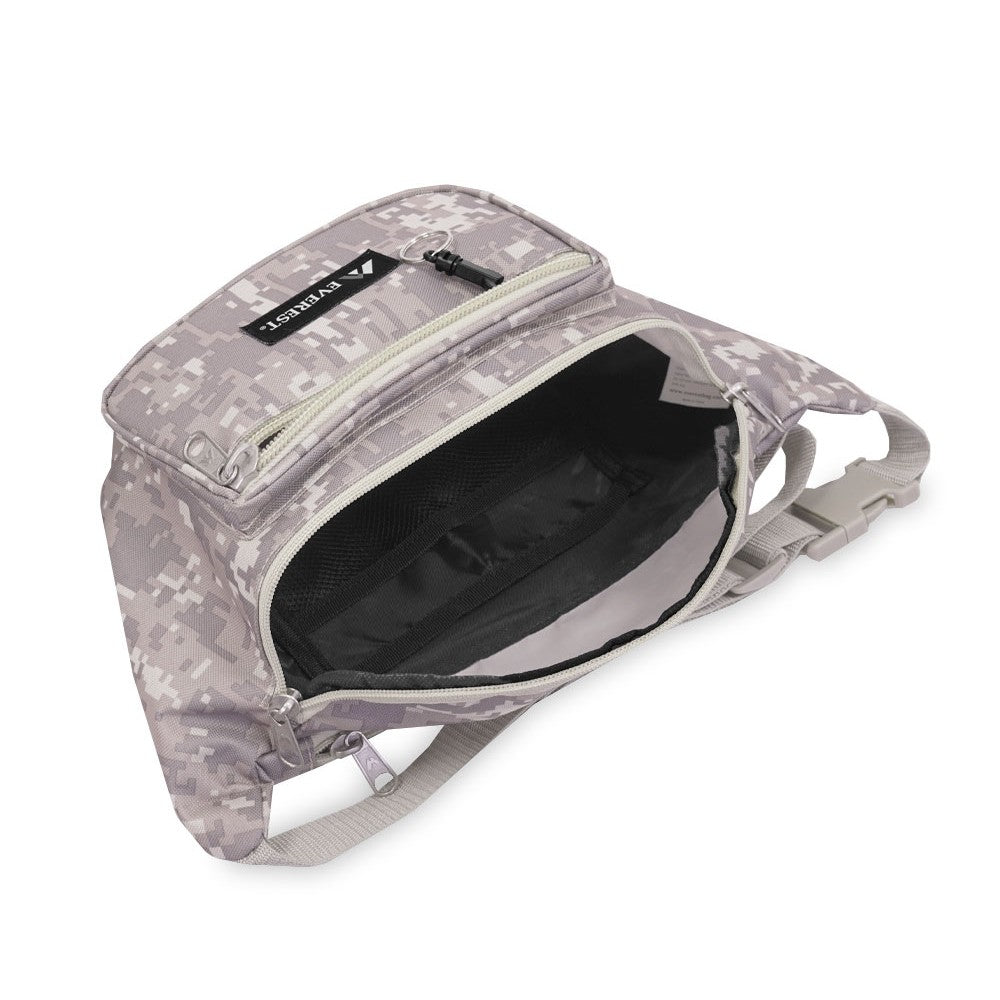 Large Digital Camo Waist Pack featuring three zippered compartments and a snap waist buckle, made from durable 600D polyester.