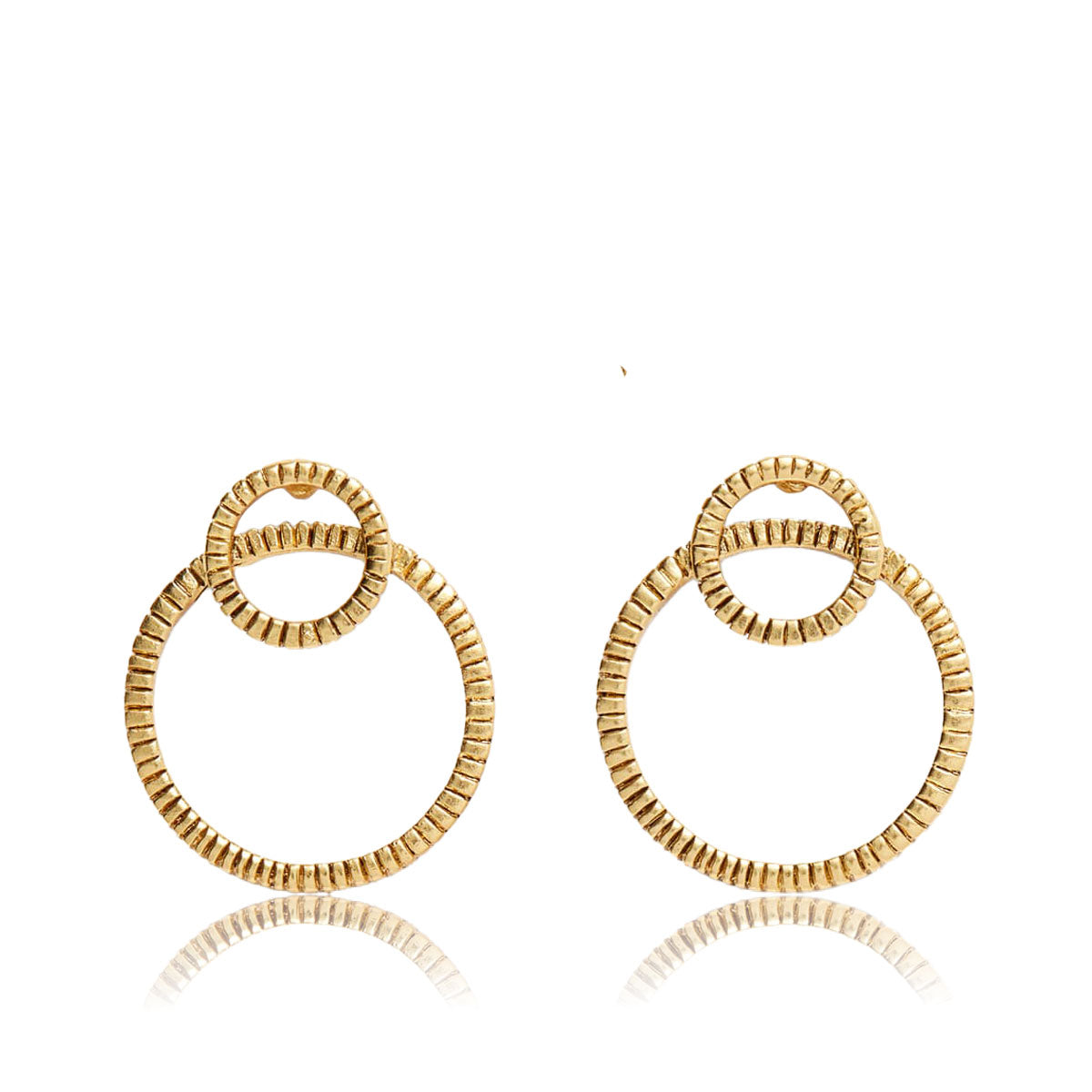 Large Frontal Circle Earrings featuring overlapping rings with an antique finish, available in gold and silver.