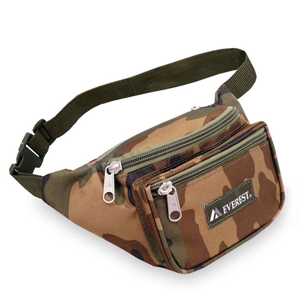 LARGE WOODLAND CAMO WAIST PACK featuring three zippered compartments and a snap waist buckle, made from durable 600D polyester.