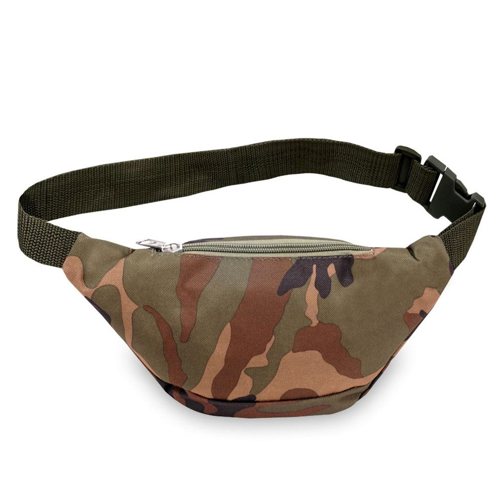 LARGE WOODLAND CAMO WAIST PACK featuring three zippered compartments and a snap waist buckle, made from durable 600D polyester.