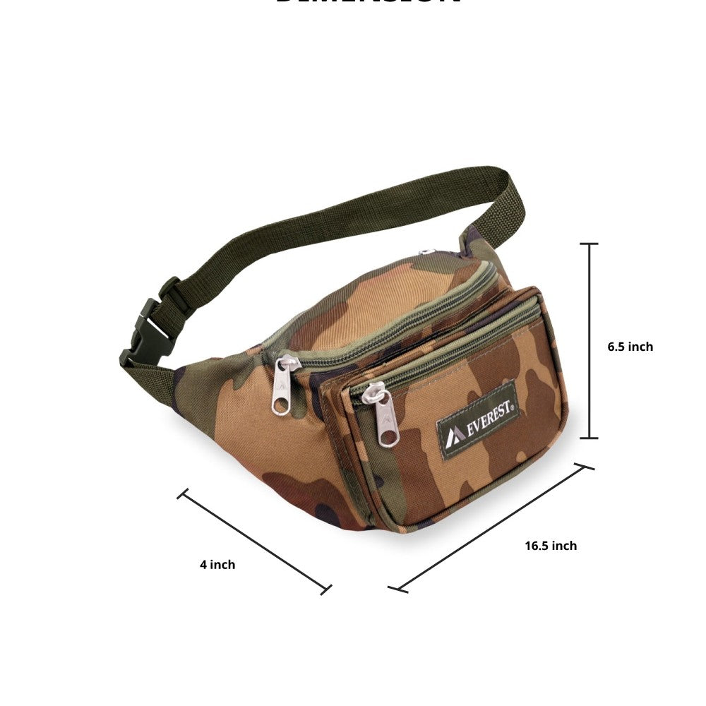 LARGE WOODLAND CAMO WAIST PACK featuring three zippered compartments and a snap waist buckle, made from durable 600D polyester.