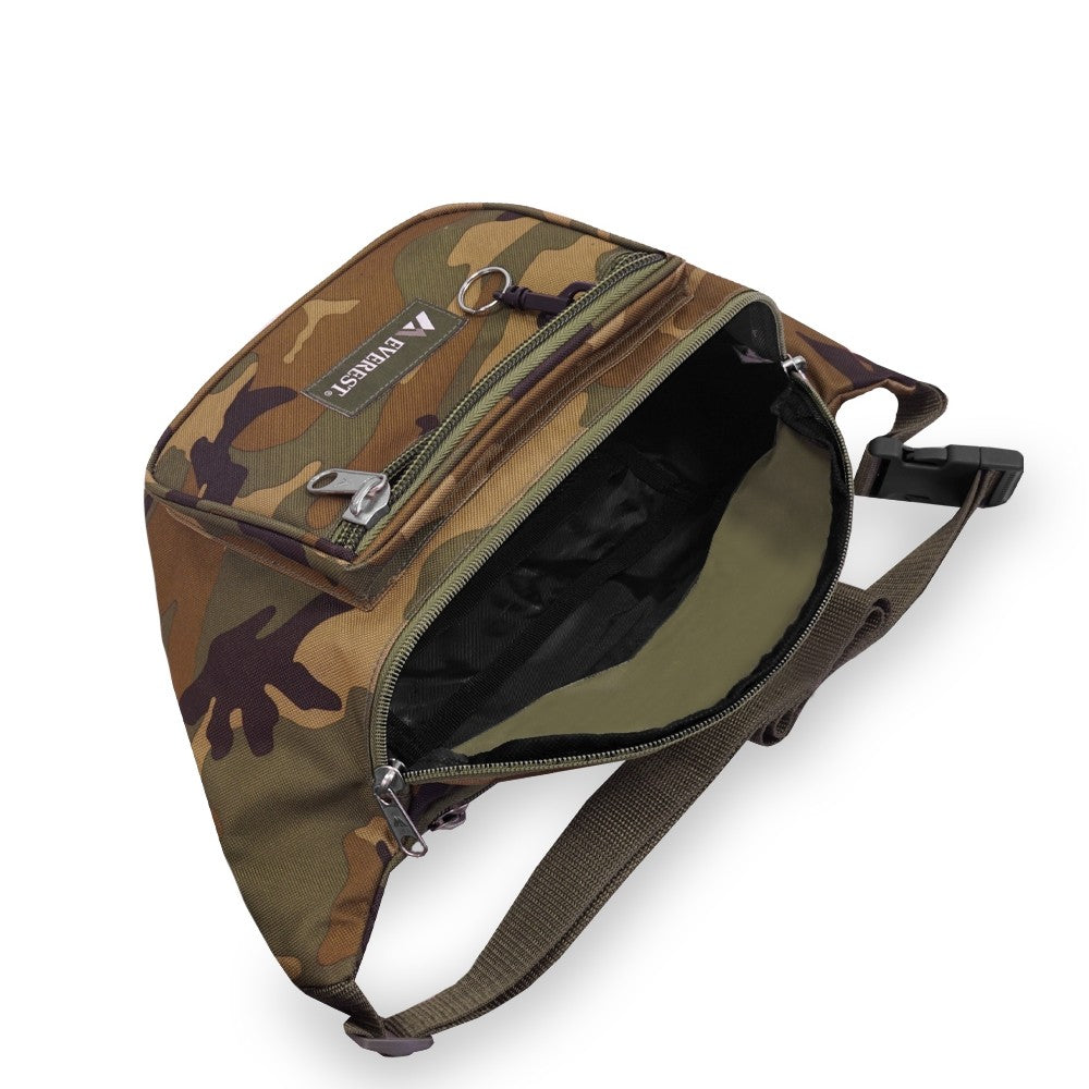 LARGE WOODLAND CAMO WAIST PACK featuring three zippered compartments and a snap waist buckle, made from durable 600D polyester.