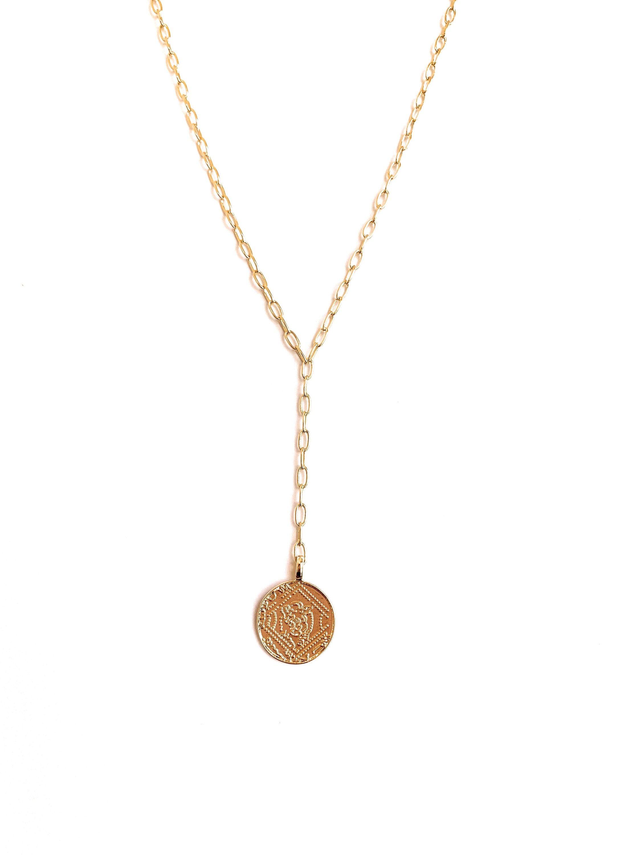 Elegant Gold Coin Lariat Necklace featuring a delicate link chain and a beautiful gold coin pendant, perfect for layering and enhancing any outfit.