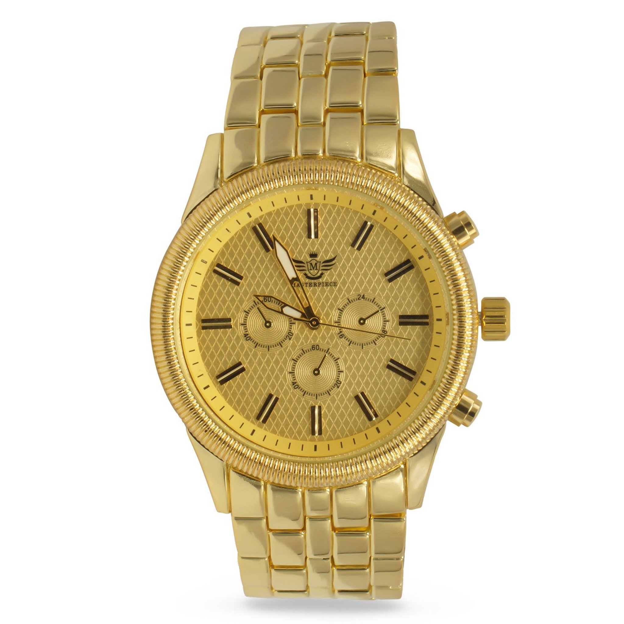 LASSO Classic Metal watch with 14K gold plating and decorative faux sub-dials, showcasing its elegant design and functionality.