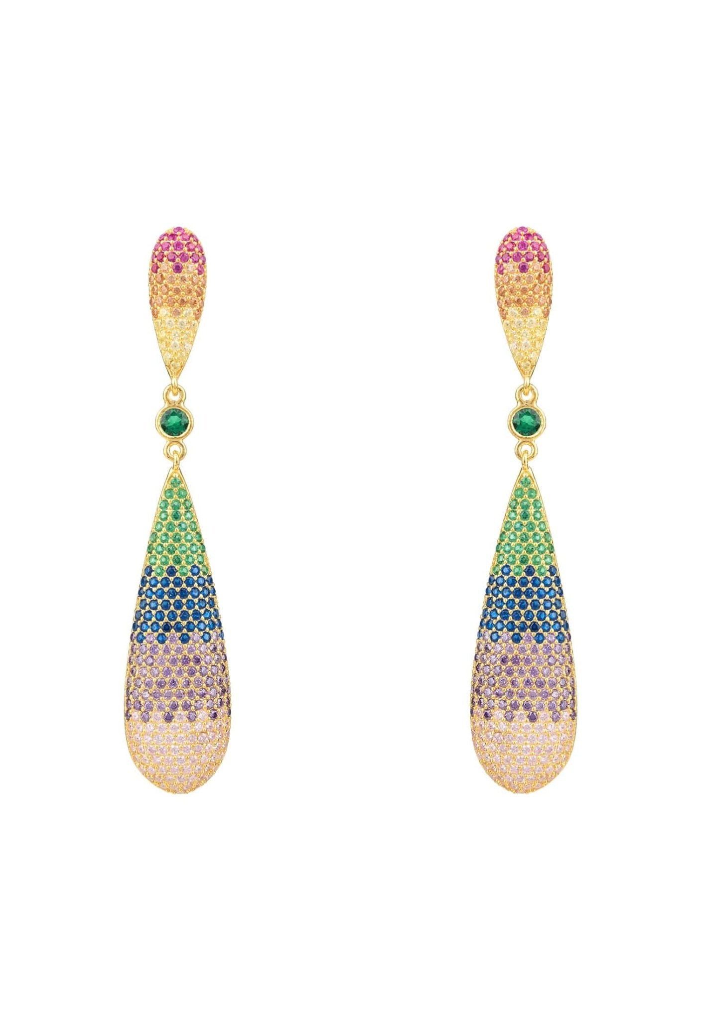 Latelita Long Drop Earrings in Rainbow Gold featuring multi-coloured zirconia set in 925 sterling silver, elegantly designed for statement wear.