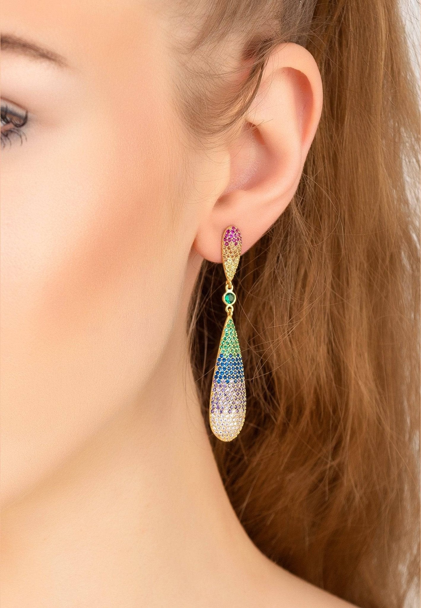 Latelita Long Drop Earrings in Rainbow Gold featuring multi-coloured zirconia set in 925 sterling silver, elegantly designed for statement wear.