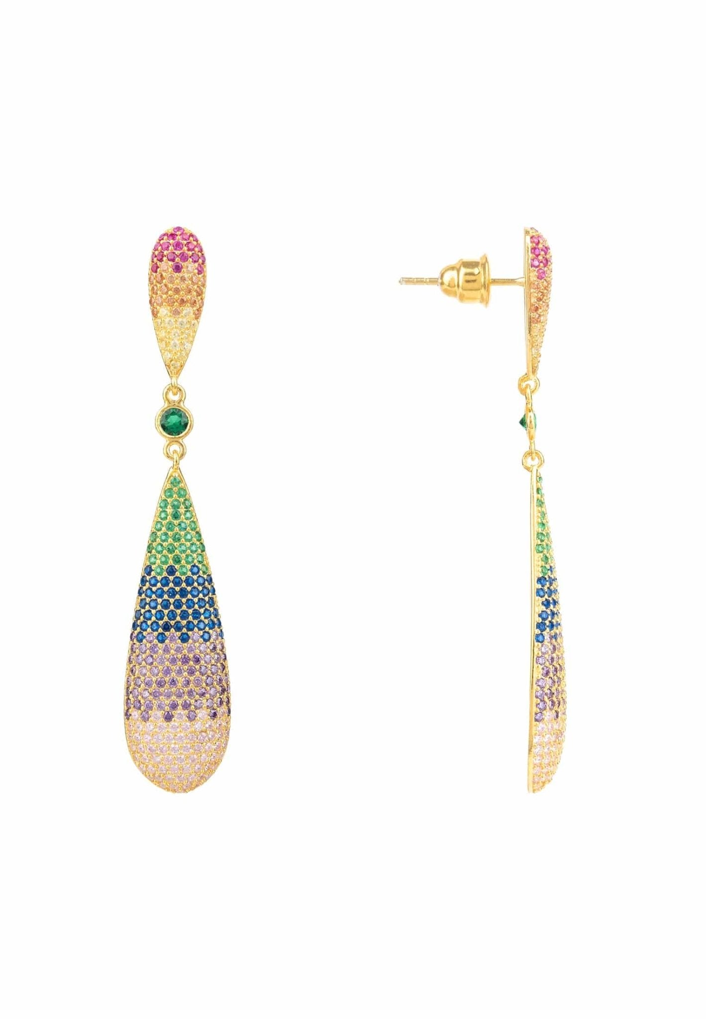 Latelita Long Drop Earrings in Rainbow Gold featuring multi-coloured zirconia set in 925 sterling silver, elegantly designed for statement wear.