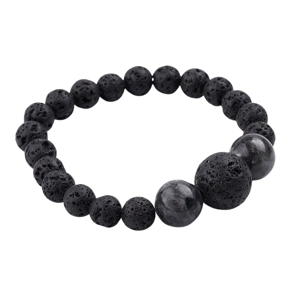 Lava Rock Beads Bracelet featuring iridescent Labradorite, showcasing natural textures and colors.