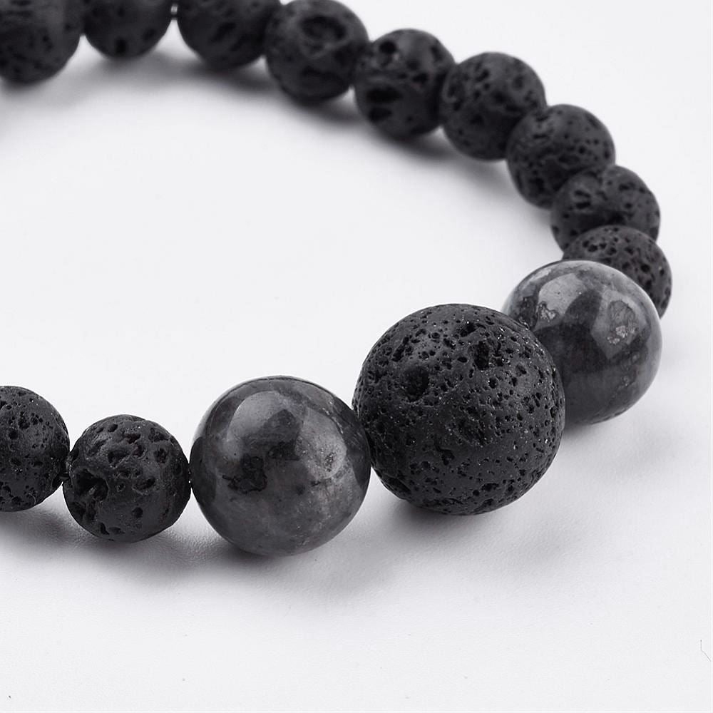 Lava Rock Beads Bracelet featuring iridescent Labradorite, showcasing natural textures and colors.