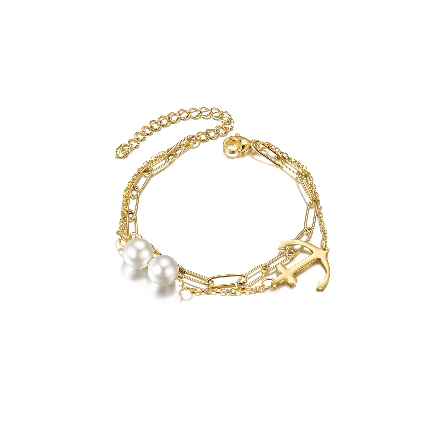 Layered Anchor Pearl Bracelet featuring 316L surgical stainless steel and 14K gold PVD plating, showcasing an elegant layered design.