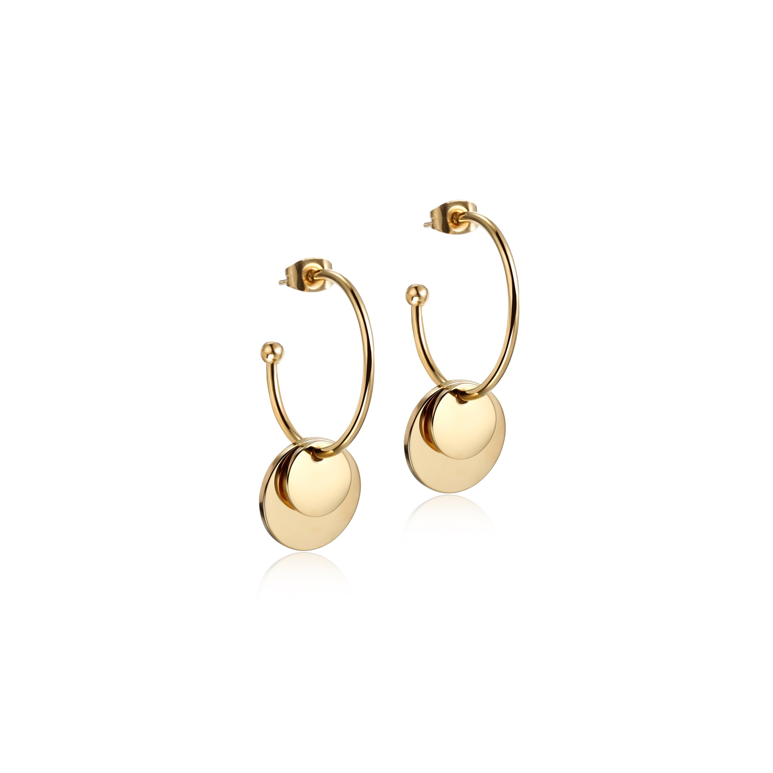 Elegant Layered Discs Drop Earrings made of surgical stainless steel with gold plating.