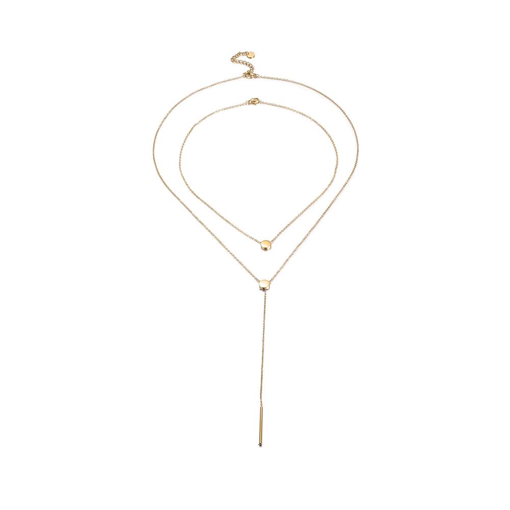 A stylish Layered Lariat Necklace made from 316L surgical stainless steel with 14K gold PVD plating, showcasing its elegant layered design.