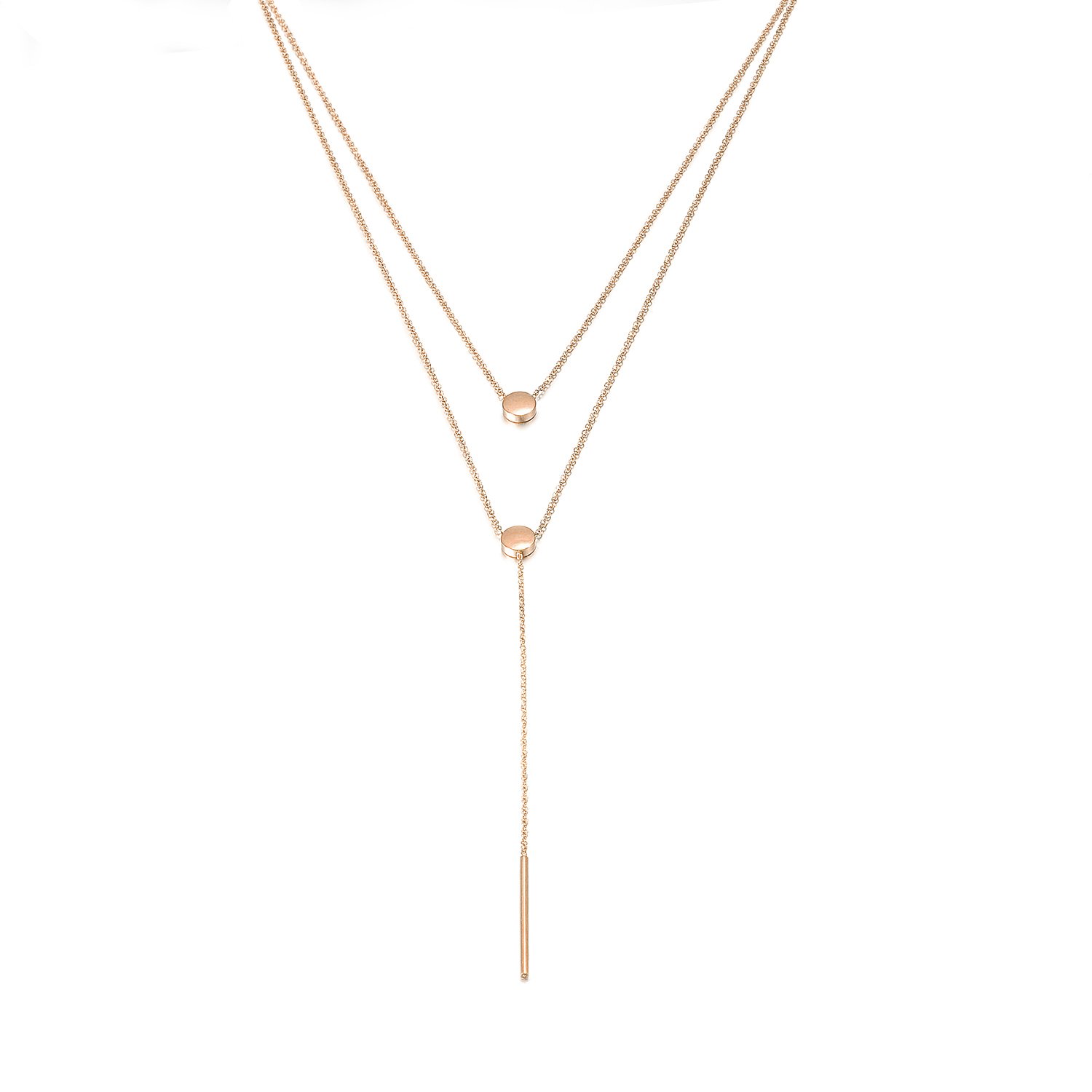 A stylish Layered Lariat Necklace made from 316L surgical stainless steel with 14K gold PVD plating, showcasing its elegant layered design.