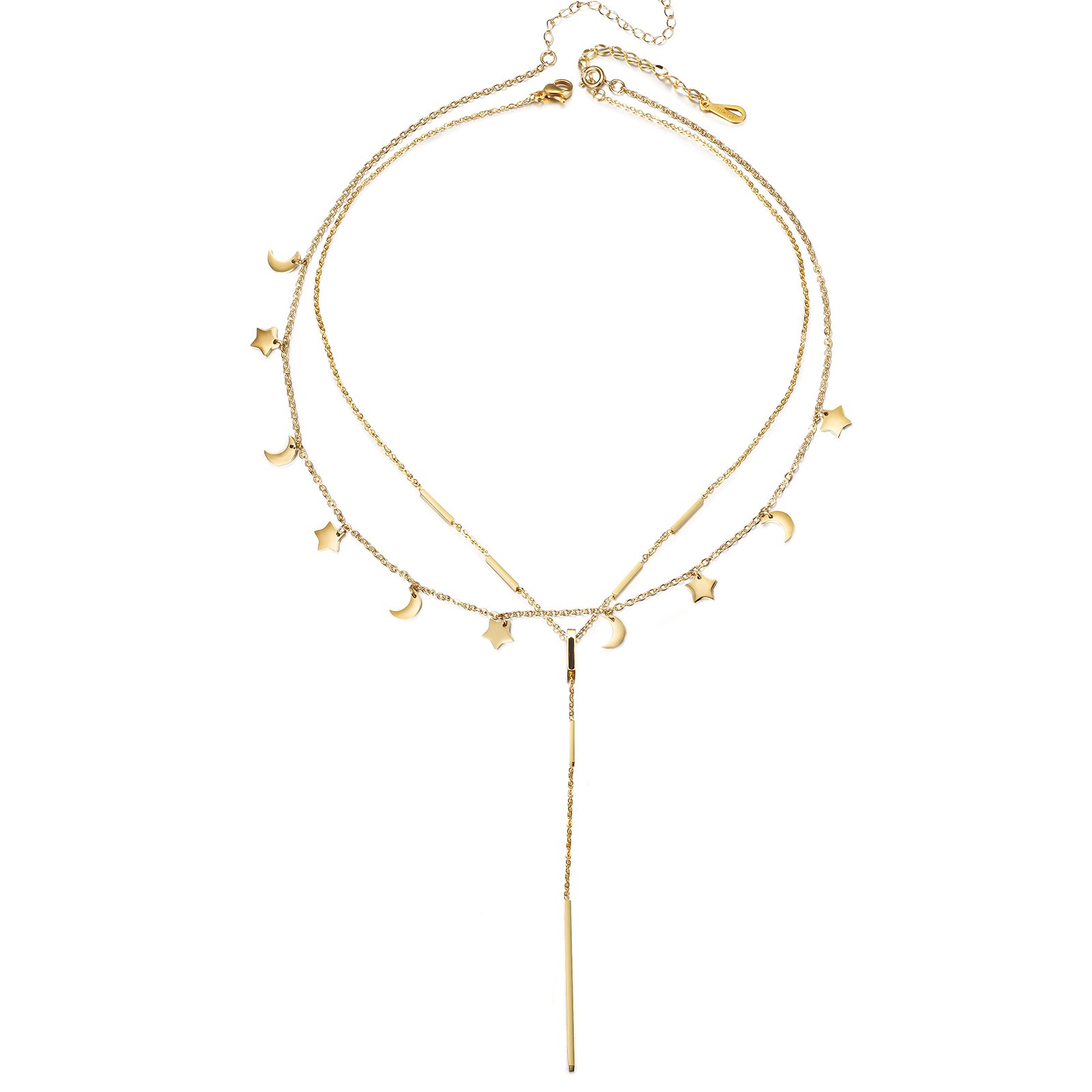 Layered Necklace Set featuring a delicate star and moon design with a Y necklace, elegantly displayed in a gift box.