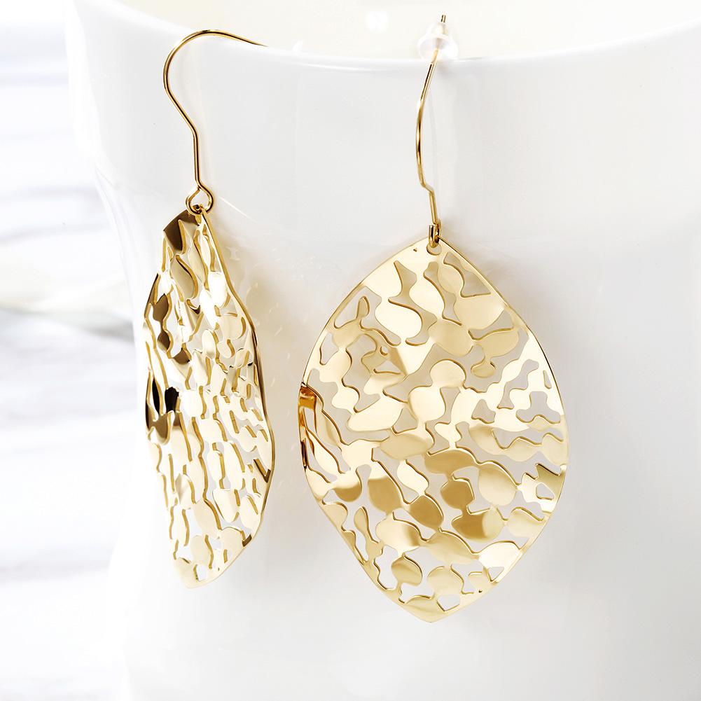 Elegant Leaf Dangle Drop Earrings made of stainless steel with gold plating.