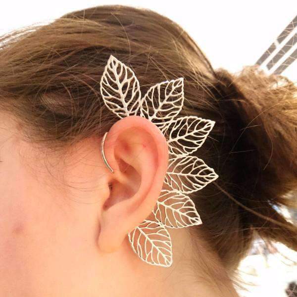 A detailed view of the Leaf Ear Cuff showcasing its intricate leaf design, made from hypoallergenic materials, perfect for sensitive skin.