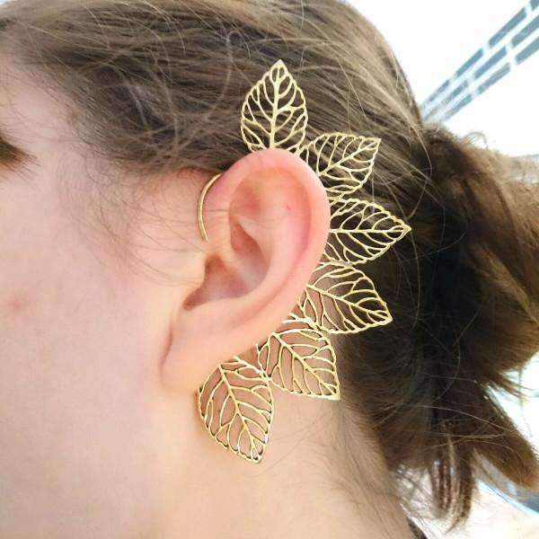 A detailed view of the Leaf Ear Cuff showcasing its intricate leaf design, made from hypoallergenic materials, perfect for sensitive skin.