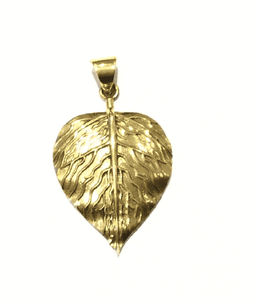 A stunning handmade brass leaf pendant inspired by birch leaves, featuring intricate details and a beautiful gold finish.