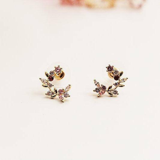 Leaf Wreath Earrings featuring crystal flowers and gold plated bronze base, elegantly designed for a sophisticated look.